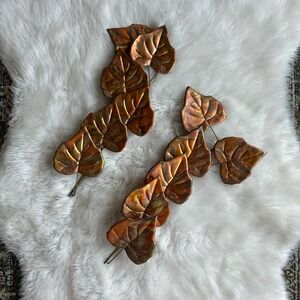 Vintage MCM Brass Copper Fall Leaves Spray Wall Art Plaque Set 2pc